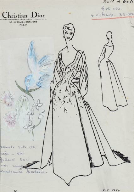 Рисунок гуашью Кристиана Диор для собственного дома моды для коллекции весна-лето 1954 г. 