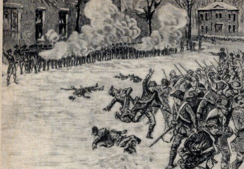 Расстрел повстанцев Д. Шейса у арсенала в Спрингфилде в январе 1787 г. Гравюра XVIII в.